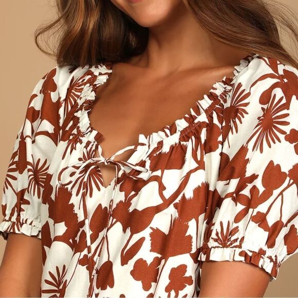 Lulus Lush White and Brown Floral Print Babydoll Dress - Picture 9 of 9